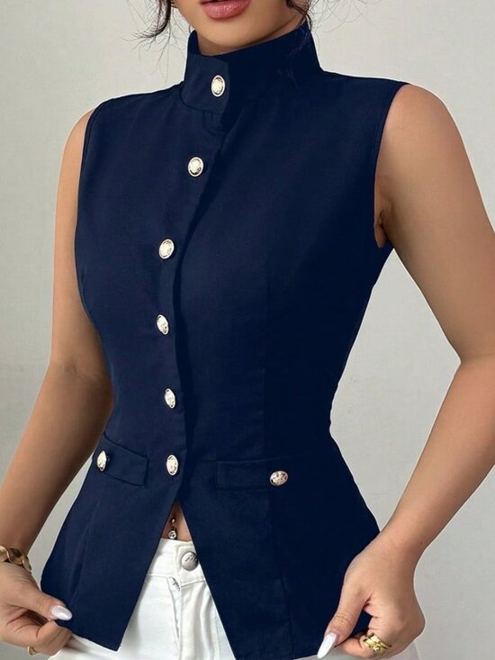 Royal Blue Elegant Women's Sleeveless High Neck Front Vest - Picture 6 of 7